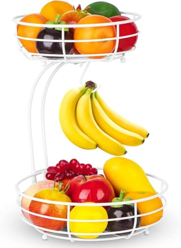 Bomclap Obstkorb mit Bananenhalter - 2 Stöckig Obstschale aus Metall - Küche Abnehmbare Obst Etagere Stehend - Moderne Dekorativer Gemüsekorb Obstschalen - Weiß