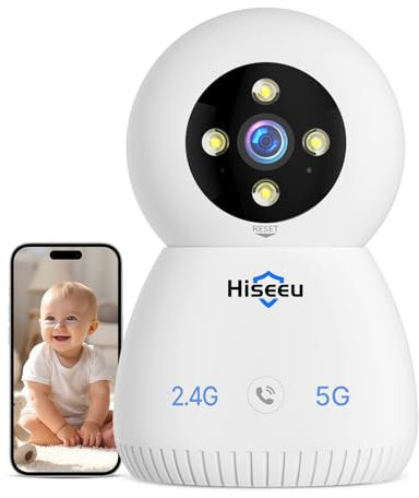 Hiseeu 5MP Telecamera Wi-Fi Interno, 2.4G/5G WiFi 360° Videocamera Sorveglianza Interno per Baby Cane, Tracciamento del Movimento Visione Notturna Sirena Rilevamento Umano Funziona con Alexa
