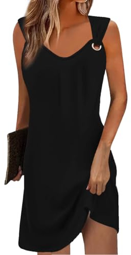 Yeenily Robe Femme Col en V sans Manches Décontractée Plage Robes Chic et Elegant Été Couleur Unie Mini Longue Tunique Robe
