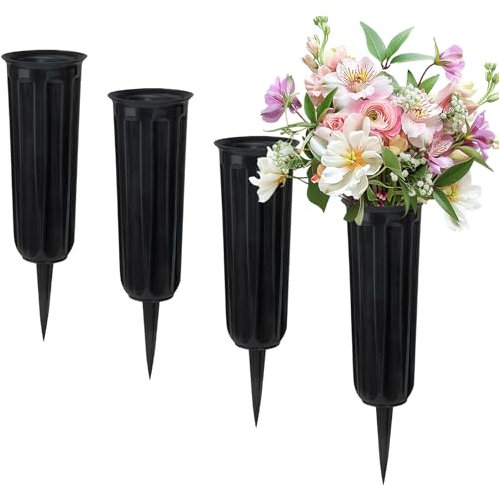 Lot de 4 vases funéraires avec pointes - Support de fleurs en plastique pour cimetière - Décoration pour cimetière, pierre tombale - Noir