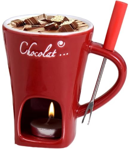 Taza para Fondue de Chocolate, Tazas de Fondue de Chocolate, Taza de Café de Cerámica para Fondue de Chocolate con Tenedores, Tazas para Derretir Mantequilla de Queso y Chocolate con vela (Red)