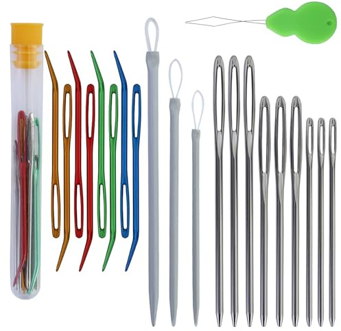 Juego de 20 agujas de hilo y lana, Agujas de Ojo Grande, Aguja de Coser a Mano, agujas romas ojos grandes, agujas de tejer inoxidable 3 tamaños, Agujas de Tapicería Dobladas