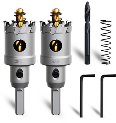 METOTY 2 sierras perforadoras de metal de 26 mm, de metal duro, con una broca adicional de guía de paso nitrurada gratis y llave en L, para acero, hierro, aluminio y metal