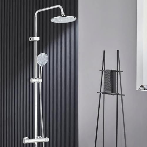 Hermostatic Shower Mixer Set with Rainfall Head Adjustable Riser Rail Handset and Hose Showers Thermostat Round Waterfall Bath Shower System