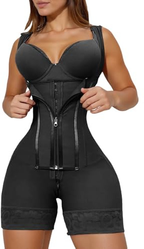 Cexiakong Shapewear para mujer, monocolor, corsé con cremallera, cintura alta, control abdominal, levanta glúteos, entrenador de cintura, bodysuit, Negro , L