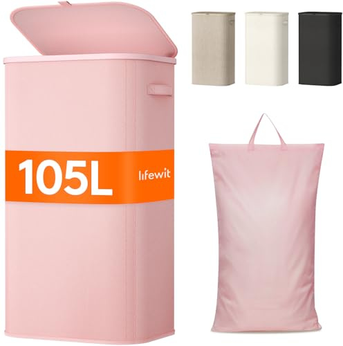 Lifewit Cesto Portabiancheria, Cesta Panni Sporchi con coperchio, Laundry Basket con Plastica Manici, Porta Biancheria Sporca per Bagno, Lavanderia, Camera da Letto, 105 L, Rosa