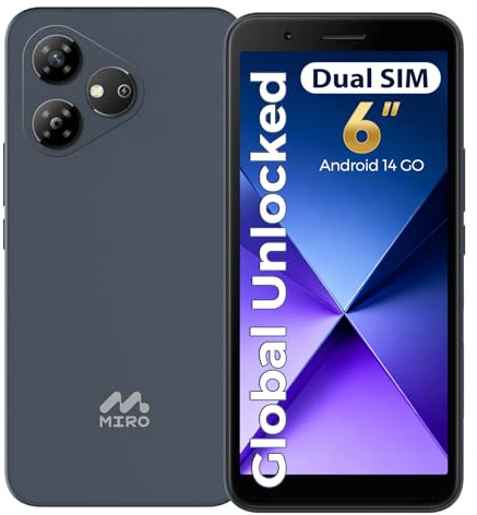 MIRO 4G Cell Phone - New Android 14 Go Edition Smartphone, 6 Display, 2GB+32GB (256GB Expandable), 3000mAh Battery, 5MP+2MP Camera, Dual SIM, 3.5mm Headphone Jack(Blue)
