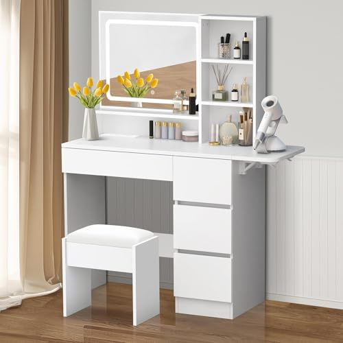 ALFORDSON Sminkbord med LED-belysning justerbar ljusstyrka stor spegel 4 lådor 4 öppna hyllor trä sovrum