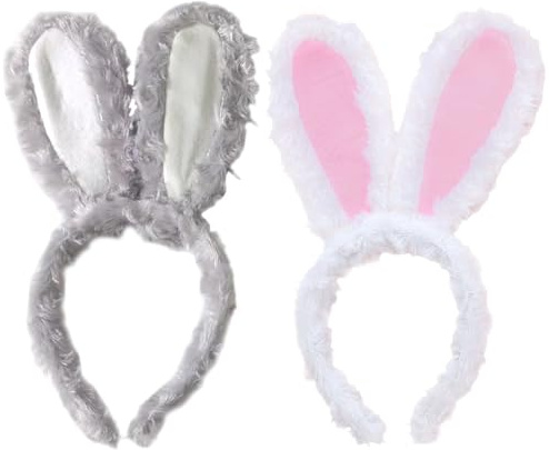 XIAOGUA 2 Uds Diadema Orejas de Conejo Felpa para Niños y Adultos, Orejas Conejo Disfraz para Niño Niña, Accesorios de Conejito para Día del Niño, Carnaval, Halloween (Blanco-Rosa y Gris)