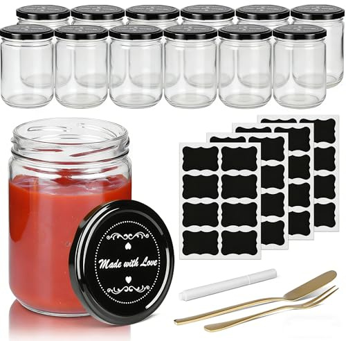 Verdego 12 tarros de mermelada de 240 ml, tarros con tapa de rosca negra, tenedor de frutas, cuchillo de cuerda, etiquetas, bolígrafo, tarros de rosca, tarros para mermelada, conservas, yogur, miel