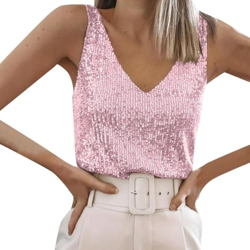 Camiseta sin Mangas con Lentejuelas para Mujer Camisetas Sin Brillos Y Top Brillantes Purpurina Fiestas Rave Verano Cuello en V