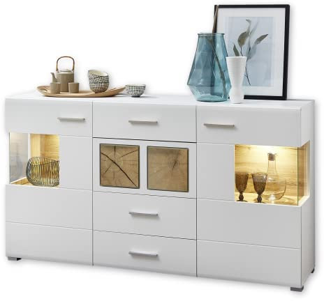 Stella Trading Fun Plus Sideboard weiss mit schönen Hirnholz-Applikationen - Moderne Kommode inkl. LED Beleuchtung - 170 x 94 x 42 cm (B/H/T)