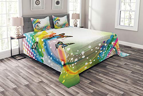 ABAKUHAUS Trippy Tagesdecke Set, Flying Colors Schmetterling, Set mit Kissenbezügen Waschbar, für Doppelbetten 220 x 220 cm, Mehrfarbig Pink