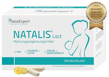 SanaExpert® Natalis Lact – Stillzeit-Komplex mit Vitaminen, Mineralstoffen, Omega-3 (DHA, EPA), Folsäure, Lutein, Fenchel, Jod, Selen, Zink und Bockshornklee, 90 Kapseln (30-Tage-Packung)