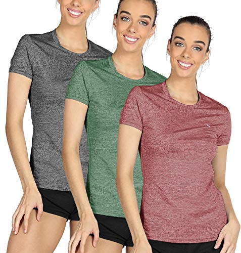 icyzone Donna Maglietta da Palestra Maniche Corte Maglia Sportivo Girocollo T-Shirt per Corsa Yoga, Pacco da 3 (M,Antracite/Borgogna/Verde Turf)