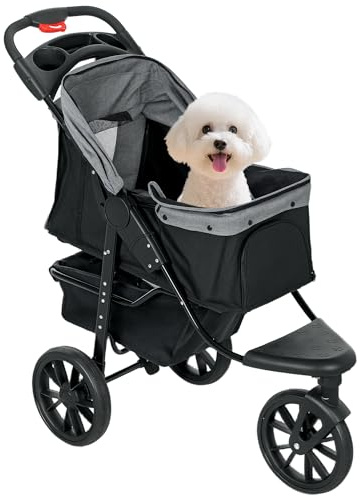 PawHut Carrito para Perros Plegable Cochecito para Mascotas Carrito para Perros Pequeños con 3 Ruedas Ventanas de Malla Cesta y Correas de Seguridad Carga 25 kg 109,5x57,5x106,5 cm Gris