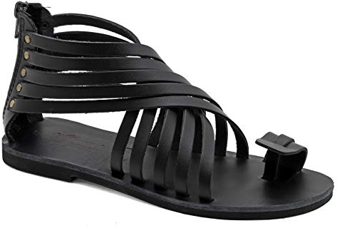 Emmanuela Sandalias de gladiador de piel griega con ejes de cremallera, zapatos de verano hechos a mano, sandalias planas estilo boho chic