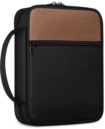 FINPAC Bible Cover, Carrying Book Case Church Bag Bible Protective with Handle and Zippered Pocket, Gift for Mother Lady Women Men, Black & Brown