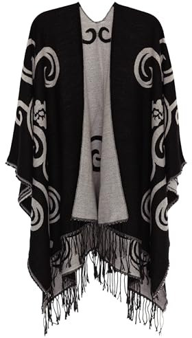 DiaryLook Damen Poncho Schal Winter Cardigan Übergroße Cape Elegant Poncho Für Frauen Umhang Damen Warm Geschenk Für Mutter Schwarze und Weiße Druck