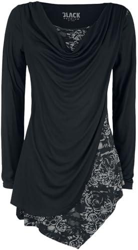 Black Premium by EMP Mujer Camisa Negra de Manga Larga con Escote Cascada y Estampado XL