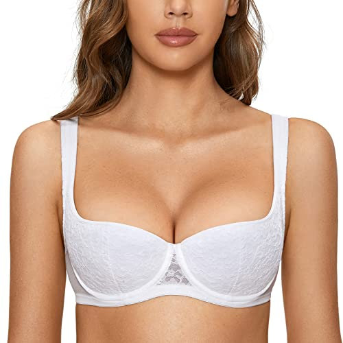 DOBREVA Women's Push Up Bra Sexy Balconette Bra Padded Half Cup Lace Underwired White (Cup Size is Small. Order 1 Cup Size up.) 40F