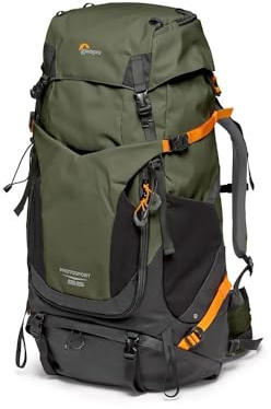 Lowepro PhotoSport PRO BP 55L AW IV med återvunnet tyg, ryggsäck för spegellös/spegelreflexkameror, åtkomst fram/bak, avtagbar kamerainsats, tillbehörsremmar, storlek M/L, mörkgrå/grön