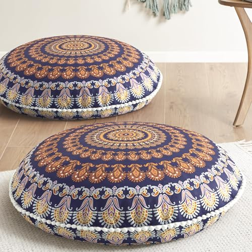 Codi Floor Pillows for Sitting Set of 2, Large Meditation Cushions for Adults with Memory Foam, Bohemian Mandala Round Seating for Outdoor Yoga and Living Room, Washable，32 Inch, Yellow