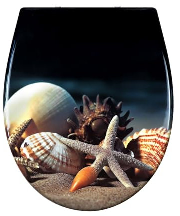 Fanmitrk Abattant WC avec système d'abaissement automatique, couvercle de toilette en Duroplast avec fermeture rapide, siège de toilette avec motif (étoile de mer)