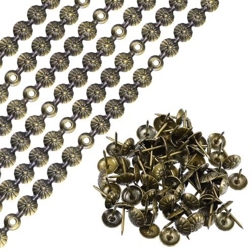 QUARKZMAN 6 Piezas de Tiras de Tachuelas para Tapicería, 1 Metro de Adornos Florales Decorativos para Sofá Cabecero Silla Muebles con Clavos de Tapicería (11Mm Bronce)