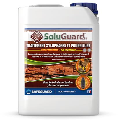 SoluGuard Traitement Xylophages et Pourriture du Bois - 5 L - Protection Fongicide Charpente et Bois Intérieur et Extérieur - Protection Contre les Vrillettes, Termites et les Champignons