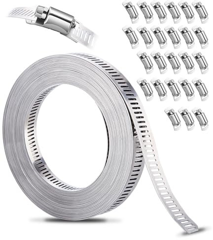 Xespis Abrazaderas Metalicas para Tubos, 10m Correa de Metal Perforada + 25 Piezas Sujetador, Abrazaderas de Acero Inoxidable 304, para Tuberías de Gas Domésticas, Tuberías de Agua, Tanques