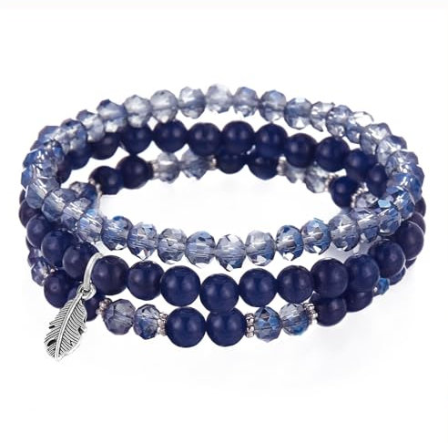 Hernin Damen Kristall Perlen Armband Perlenarmband Stretch Armbander Boho Perlenarmband mit Feder-Anhänger Mehrschichtiges Boho Perlenarmbander Stretch für Frauen Damen (Braun) (Blau)