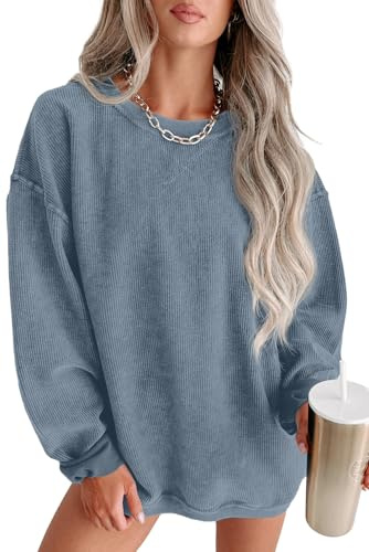 QIXING Sweat-shirt surdimensionné pour femme - Col rond - En coton - Manches longues - Pull en velours côtelé - Tenue tendance - Automne - 2025, G Haze Bleu, XL