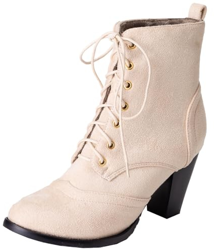 Onewus Damen Stiefel mit Blockabsatz Schnürsenkel Stiefeletten (Matt Beige, 40 EU)