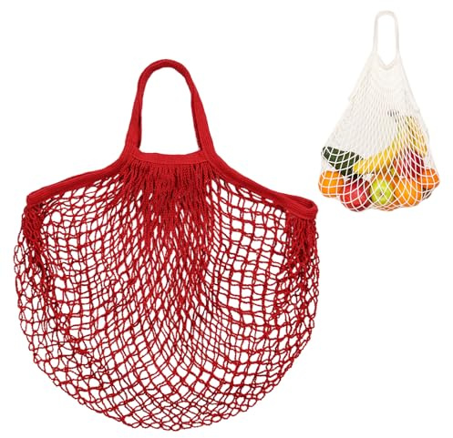M METERXITY 1-Pack Cotton Mesh Bag, Reusable Washable Mesh Net String Grocery Bags, Reusable Produce Bags with Handle, Net Tote Bag for Fruits/Vegetables Shopping [Red, Short Handle]