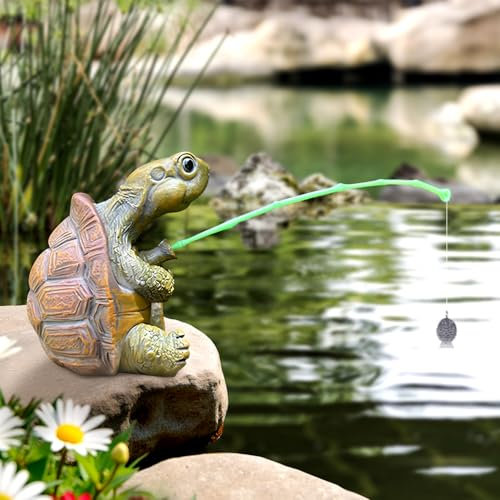 Pipihome Miniteich Deko Angeln Figur aus Harz, Gartenteich Figuren, Teichdeko Angler Schildkröte Deko für Draußen Garten Landschaft, Außen Gartenstatue