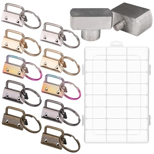 Trimming Shop Kit de fabrication de porte-clés, 10 pièces en 5 couleurs avec dragonne de 25 mm, matrices de 40 mm pour presse manuelle verte, boîte de rangement