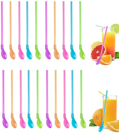 Thapncow 20 Stück Strohhalm mit Löffel, 2-in-1 mehrfarbig Trinkhalme mit Spoon, Wiederverwendbare Trinkhalmlöffel für Slush, Löffelstrohhalme Slush Strohhalme für Cocktails Milchshakes Smoothies