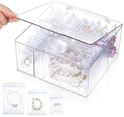 Josojoou 4 In 1 Acrylic Jewelry Organizer and Storag Box - 60Pcs Portable Anti Tarnish Jewelry Bags -Clear Jewelrys Organizer with Lid - Travel Jewelry Case for Women Earrings/Rings/Necklaces