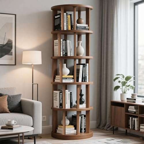 vie poetique Rotating Bookshelf Tower, Wooden, 5 Tier Vertical Rotate Turning Spiral Corner Organizer, 360° Rotating Book Tower, Ideal for Small Spaces, Living Rooms, Bedrooms (Rural, 5 Tier)