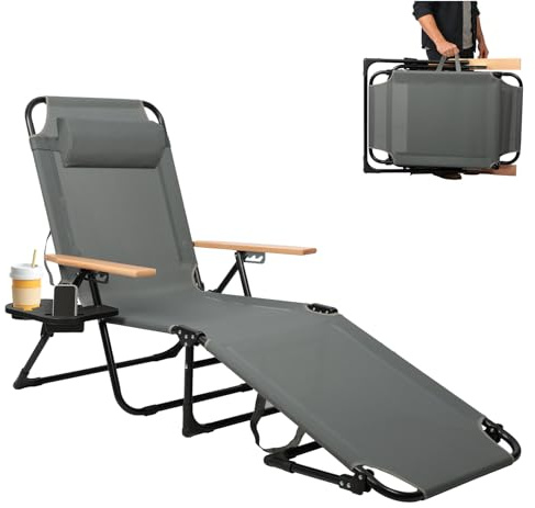 OVLRIJP Tumbona Plegable Jardin Exterior, Tumbonas Jardín, Resistente a la Intemperie, Tumbona con Reposabrazos de Madera, para Balcón, Jardín, Piscina y Playa, hasta 150 kg, Gris
