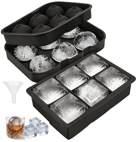 2 Piezas Cubitera Silicona con Tapa, Cubiteras para Hielo Cuadrado y Redondo 6 Compartimentos con Embudo, Sin BPA Molde Hielo para Whisky Cócteles Bebidas Alimentos para Bebés