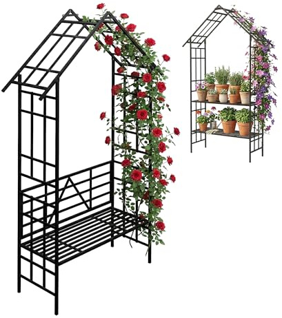 Relaxdays Arco para Rosas con Banco o Estante para Plantas, jardín/Entrada, 247 x 150 x 43 cm, Hierro, Negro