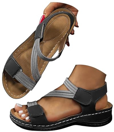 ziubauyke Orthopedic Sandals For Women Summer Arch Support Slip On Sandal Wide Fit Walking Platform Open Toe Sliders Adjustable Strap Wedge Sport Shoes Beach Outdoor Ladies Sandals Size 4-7.5