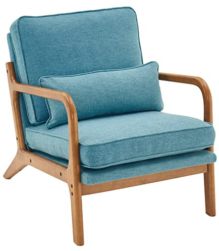 VINGLI Arm Chairs,Mid Century Modern Accent Chairs with Solid Wood Frame,Upholstered Armchair with Lumbar Pillow,Chairs for Living Room,Bedroom,Small Spaces,Linen (Elegant Blue)