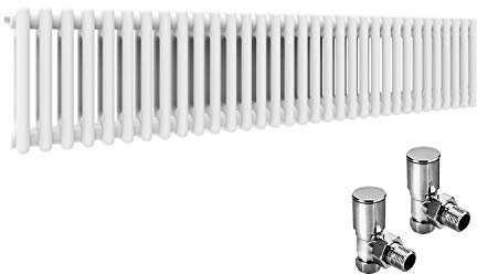 ELEGANT Traditional Cast Iron Style 2 Column Horizontal Central Heating Double Bar Colosseum Designer Radiators White 300 x 1505 mm with Valves Chrome