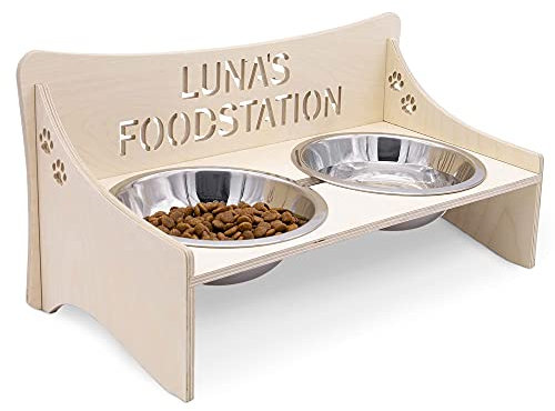 INEXTERIOR Futterbar für Hunde und Katzen – Personalisierbar – aus Holz – Schwarz, Grau, Natur – Groß und Klein – Futternapf aus Metall (Groß, Natur)