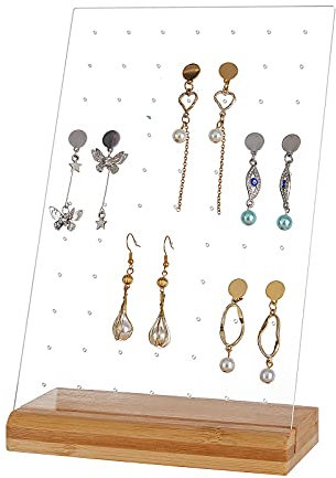 PandaHall Ohrringstifte Display Stecktafel, 77 Löcher Kristall Acryl Ohrring Aufhänger Board Ohrring Halter Ständer Schmuck Organizer mit Holzsockel für Ohrring Halskette Schmuck Display, 24x15cm