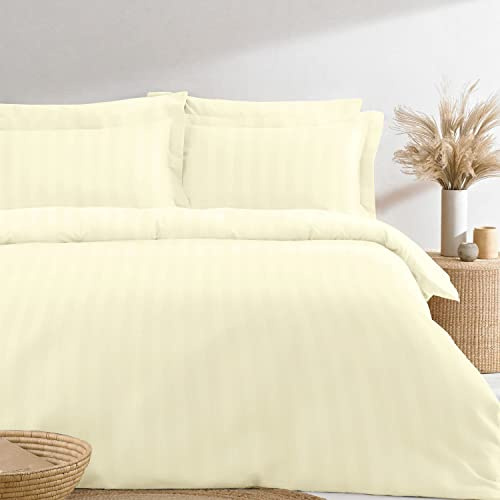 Pizuna Cotton Cream Satin Stripe Duvet Cover, 300 Thread Count Damask Bedding 100% Long Staple Cotton 230 x 220 cm King Size Duvet Cover Sets with Button Closure (King Size Quilt Cover)