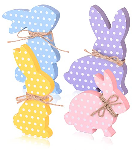 4Pcs Easter Bunny Decorations, Wooden Rabbit Shaped Tabletop Centerpieces Table Signs with Rope Farmhouse Spring Easter Decor for Home Office Dining Room